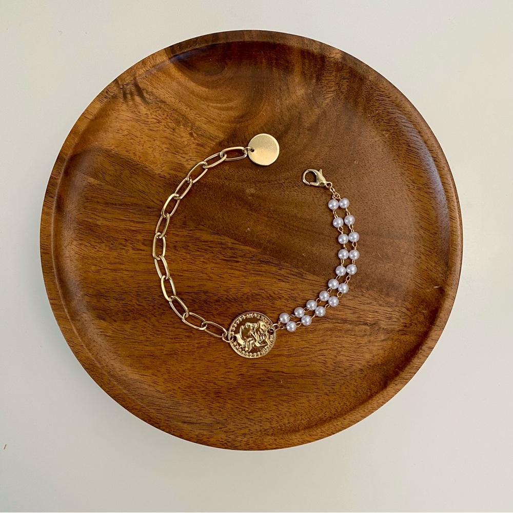 3/$20 Gold Greece Coin Half Paperclip Chain Half Double Layered Pearl Bracelet